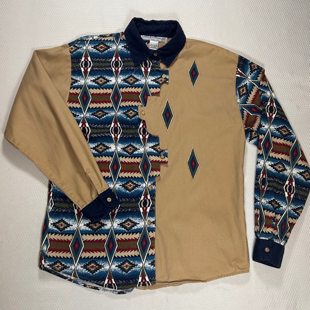 Adobe Rose Vintage 90s Southwestern Geometric Button Down Shirt Tan Navy Large